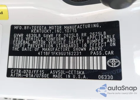 2016 Toyota Camry Se z USA, uszkodzony, nr VIN 4T1BF1FK9GU162231